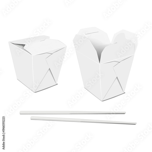 Chinese takeout food set. 3d mockup. Blank white paperboard noodle box closed and open, wooden chopsticks. Realistic vector mock-up. Template for design. Easy editable
