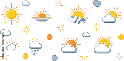 Weather icon set with sun clouds rain sunrise and sky elements in clean flat line style isolated on white background