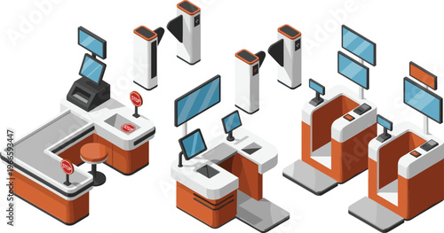 Isometric supermarket checkout and security gate vector illustration featuring retail cashier desks, barcode scanners, entrance systems, modern store equipment design