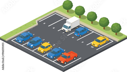Isometric parking lot vector illustration featuring cars and truck in organized spaces, urban transport concept, outdoor vehicle parking area design