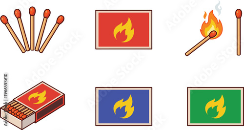 Matchstick and matchbox set vector illustration featuring burning matches, fire flame elements, ignition concept, safety equipment, colorful design isolated background