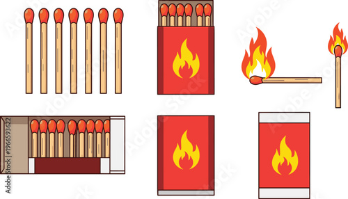 Matchstick set vector illustration featuring wooden matches, matchbox, fire flame elements, ignition concept, safety equipment, isolated design collection on background