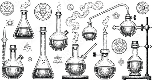 Vintage алхيمي laboratory illustration set with antique glass flasks distillation apparatus mystical symbols and engraved sketch style isolated on white background