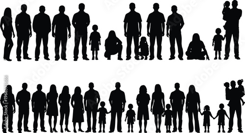 Large collection of diverse human silhouettes featuring men women children and families in standing and sitting poses for community social gathering and demographic representation.