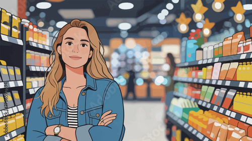Woman stands confidently in grocery store aisle with colorful products on shelves in background during daytime shopping