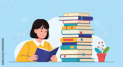 Young woman sitting at a table and focused on reading a book next to a very tall stack of colorful hardcover books in an office.