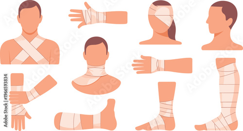 Medical bandage vector illustration showing injured body parts, first aid treatment concept, healthcare support, wound care protection, isolated clean design