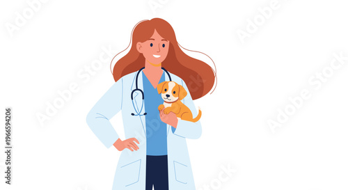 Friendly female veterinarian with long red hair wearing a white lab coat and stethoscope while holding a small cute puppy in her arms.