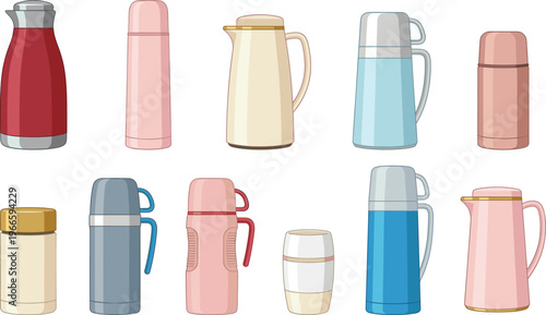 Thermos and vacuum flask collection vector illustration featuring insulated drink containers, coffee bottles, travel mugs, kitchenware set, isolated modern design