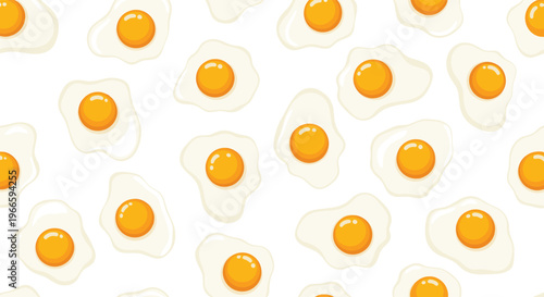 Seamless repeating pattern of sunny-side-up fried eggs with bright yellow yolks and white whites on a clean white background for kitchen.