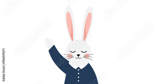 Cute white cartoon rabbit wearing a dark blue suit jacket with buttons waving its hand on a plain white background in a minimal style.