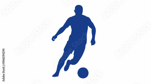 Blue silhouette of a soccer player dribbling the ball on a white background
