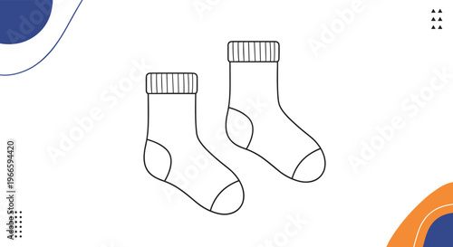 Simple black and white line drawing of a pair of socks with ribbed cuffs and reinforced heels on a decorative background with shapes.