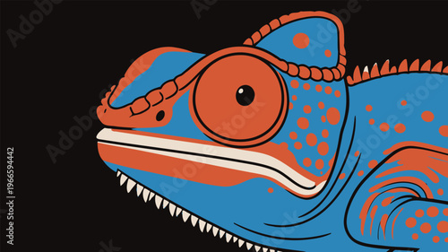 Bright chameleon with colorful patterns and large eyes resting on a dark background