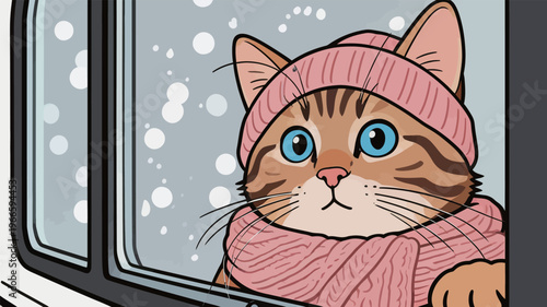 Cat in a pink hat and scarf looks out the window during snowfall on a winter day in a cozy indoor setting