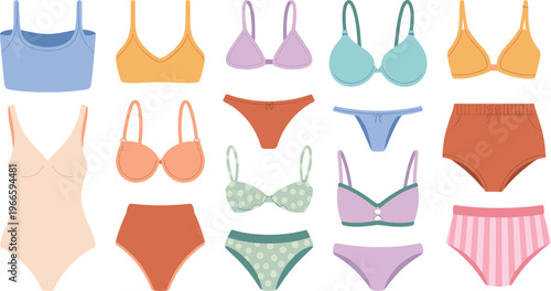 Women lingerie collection vector illustration featuring bras, panties, underwear sets, fashion apparel design, colorful intimate clothing isolated on white background