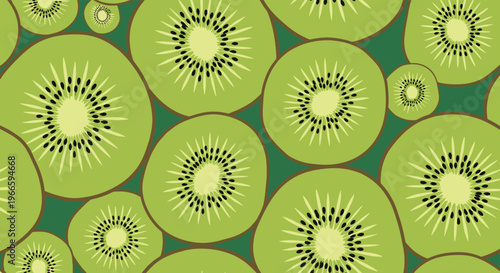 Vibrant and colorful seamless pattern featuring many cross-sections of sliced kiwi fruit with green flesh and black seeds for summer themes.