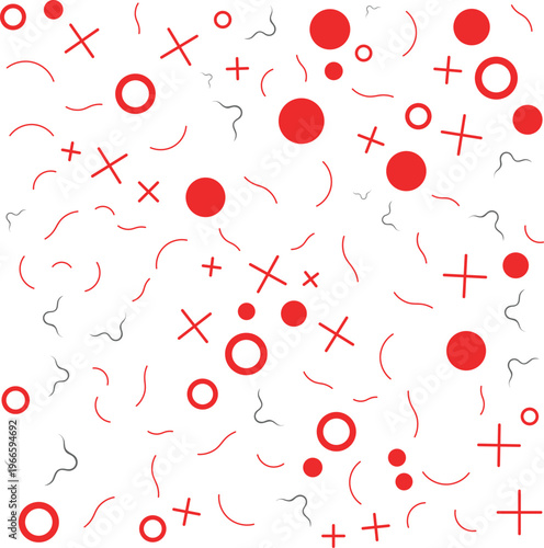 Memphis Abstract Geometric Seamless Pattern with Red Shapes on White