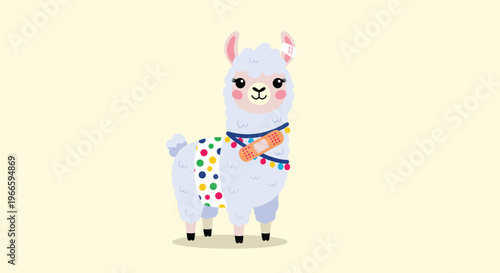 Adorable light blue llama wearing a colorful polka dot blanket and bandages on its head and chest in a sweet and caring illustration style.