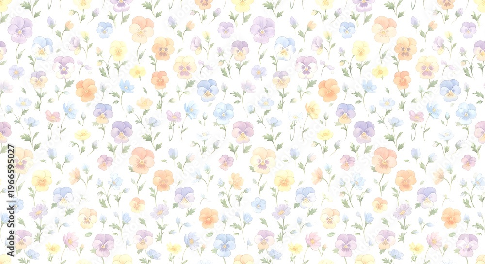 Fototapeta premium Watercolor pansy floral seamless pattern, pastel spring flower background, botanical texture