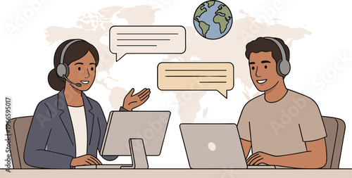 Two people wearing headsets are discussing on computers globally