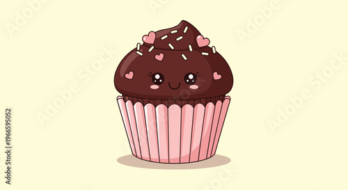 Adorable chocolate cupcake with pink frosting base heart-shaped sprinkles and a smiling face on a light yellow background for bakery.