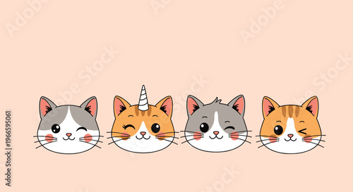 Set of four different cute cartoon cat heads with varied colors and markings including one with a unicorn horn for a playful pet theme.