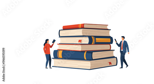 Conceptual illustration of two business people standing next to a massive stack of oversized books symbolizing knowledge and research.
