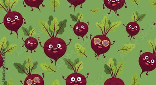 Seamless pattern of happy beet characters with smiling faces and glasses scattered on a green background with leaves.