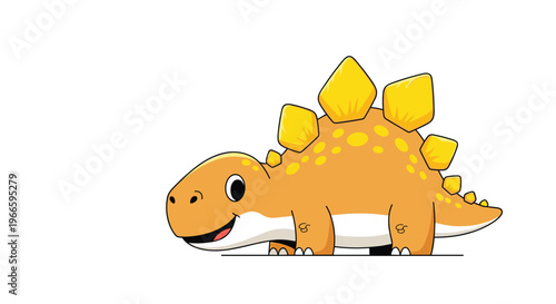 Cute orange and yellow cartoon stegosaurus dinosaur with plates on its back standing against a white background.