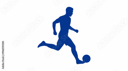 Blue silhouette of a soccer player kicking a football on white background