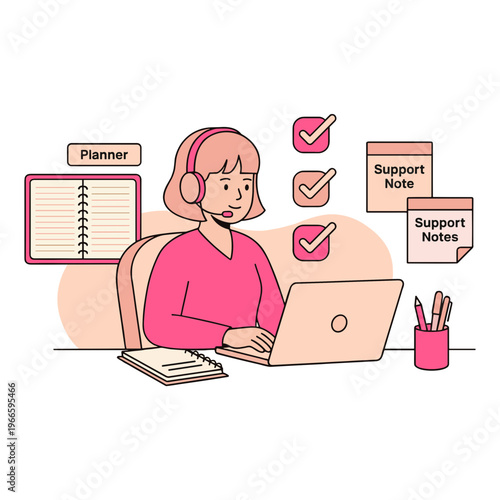 A woman wearing a headset sits at a desk with a laptop and notes, surrounded by checklists and a planner, working in an office environment.