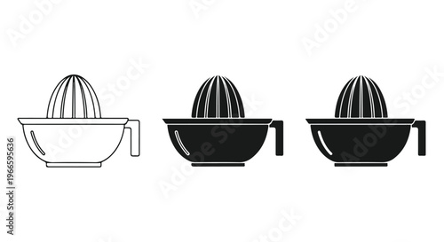 Set of manual juicer icons in line, black and white, for kitchen utensil design