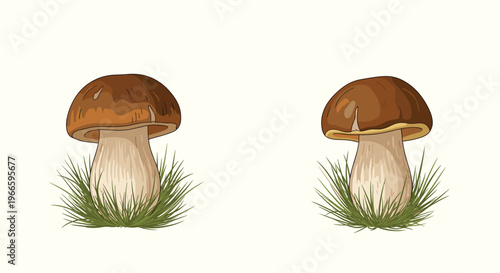 Two realistic edible porcini mushrooms with brown caps growing in green grass clumps isolated on a white background.