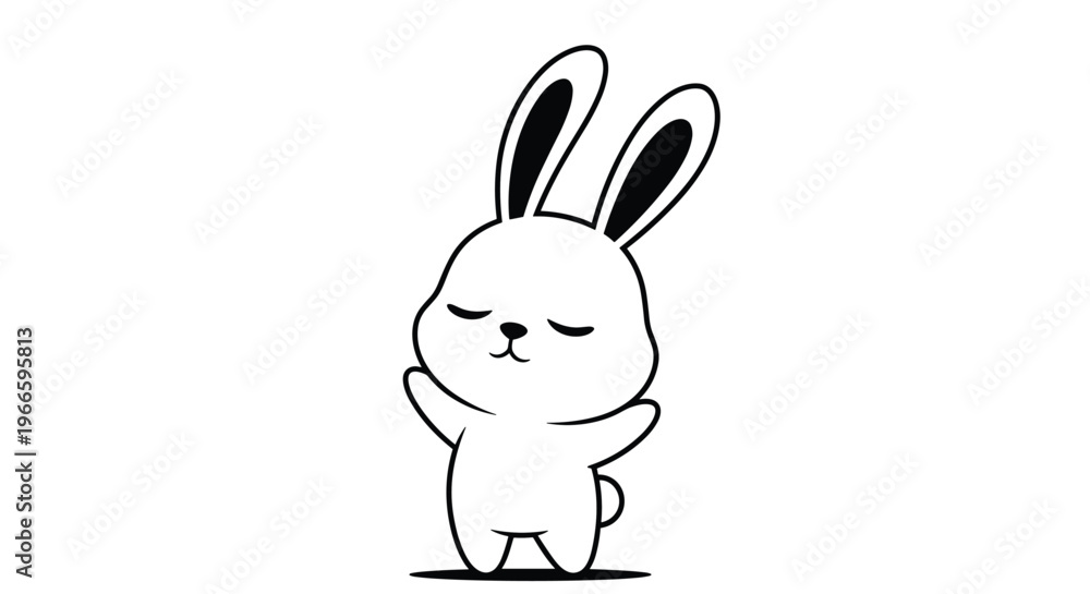 Fototapeta premium Simple black and white line drawing of a happy cartoon bunny rabbit with closed eyes and raised paws in a state of joy.