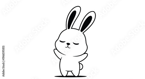 Simple black and white line drawing of a happy cartoon bunny rabbit with closed eyes and raised paws in a state of joy.