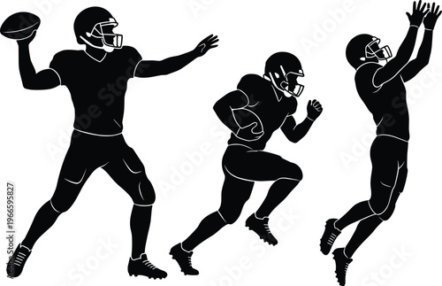 Set of American football player silhouettes including quarterback throwing ball running back and wide receiver catching isolated on white background for sports design projects