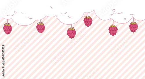 Sweet raspberries hanging like a garland from a fluffy white cloud against a pink and white striped background.