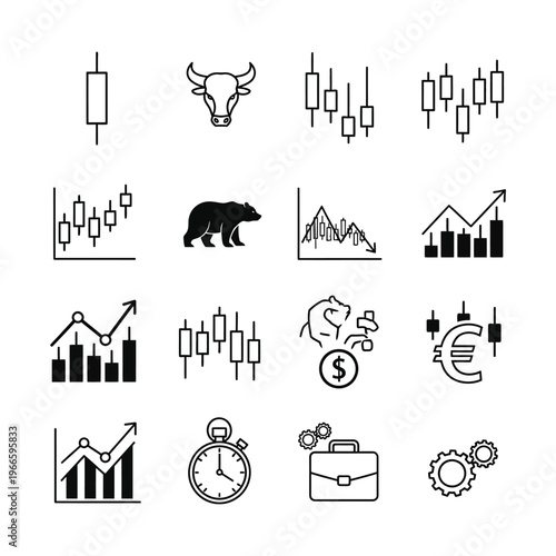 Set of financial market and business icons including candlestick charts, bull and bear symbols, graphs, and related tools.