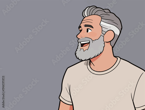 Man with gray beard smiles while looking to the side in a simple and clean setting