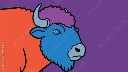 Brightly colored cartoon buffalo with blue skin and purple hair against a purple background