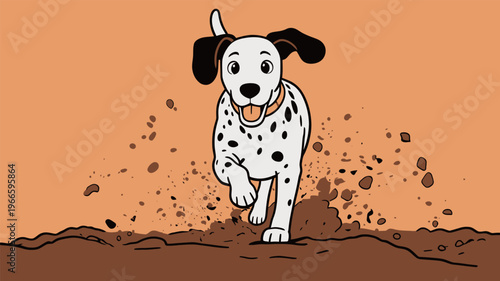 Dalmatian dog runs playfully in dirt against an orange background on a sunny day with a joyful expression