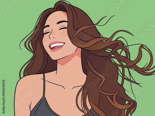 Woman smiles with flowing hair on green background during sunny day while enjoying a moment of joy and happiness with carefree attitude