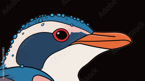 Colorful bird with bright features and water droplets on its head in a simple style