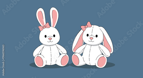 Two cute white plush bunny toys with pink bows on their ears sitting together against a blue background for children.