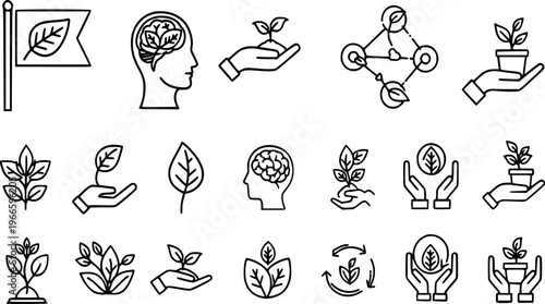 Growth icons vector illustration plant seedlings, green leaves, human hands holding nature, ecological development, innovation, organic progress, and natural cultivation for modern digital application
