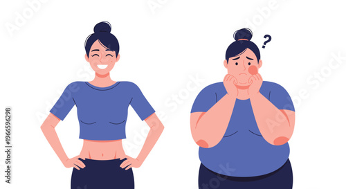 Illustration of two women representing different body types including a slim fit woman and a plus-size woman in blue.