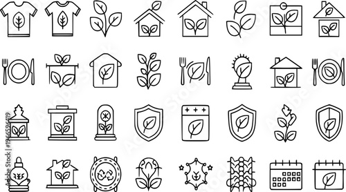 Eco-friendly line art vector illustration icons set depicting nature, plant, organic, environmental, sustainable concepts,green living, natural products, healthy food, recycling, ecology
