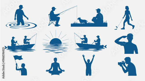 Blue silhouette vector icons of people in leisure activities, recreation and hobby scenes for lifestyle, tourism, entertainment, wellness, and creative design projects.