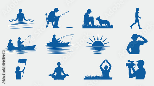Leisure activities blue silhouette icon set, people engaging in hobbies and recreation for lifestyle, travel, entertainment, sports, and relaxation themed design applications.